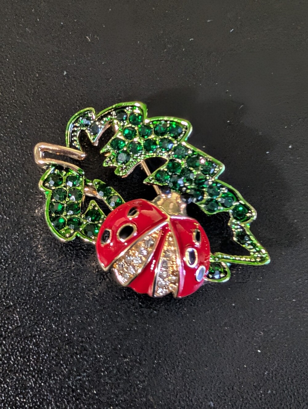Red Ladybug and Green Leaf Brooch Pin